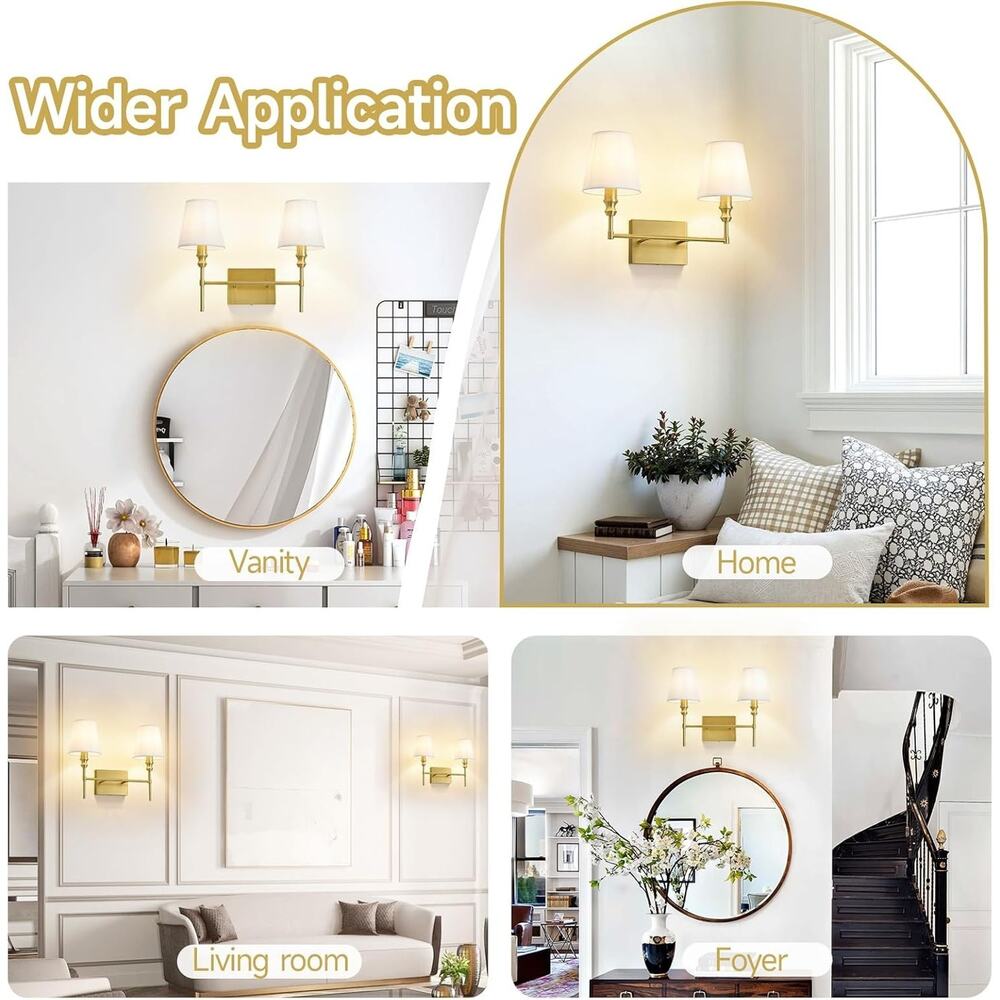 2-Light Brushed Brass Bathroom Vanity Light with White Fabric Shades - Picture 2 of 5